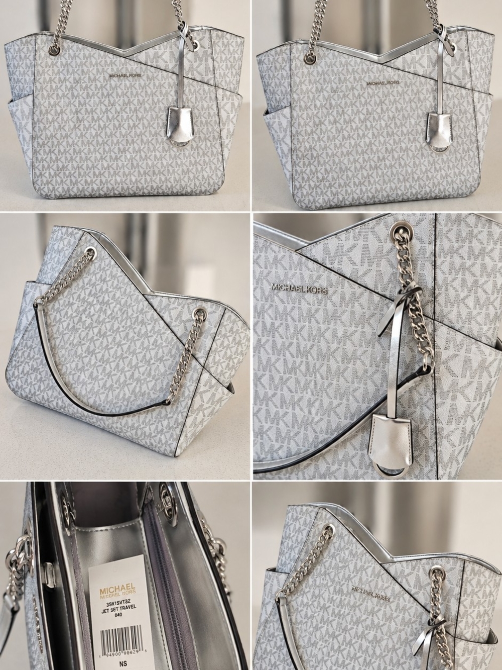 Michael Kors Silver/White MK Signature Chain-Handle Tote